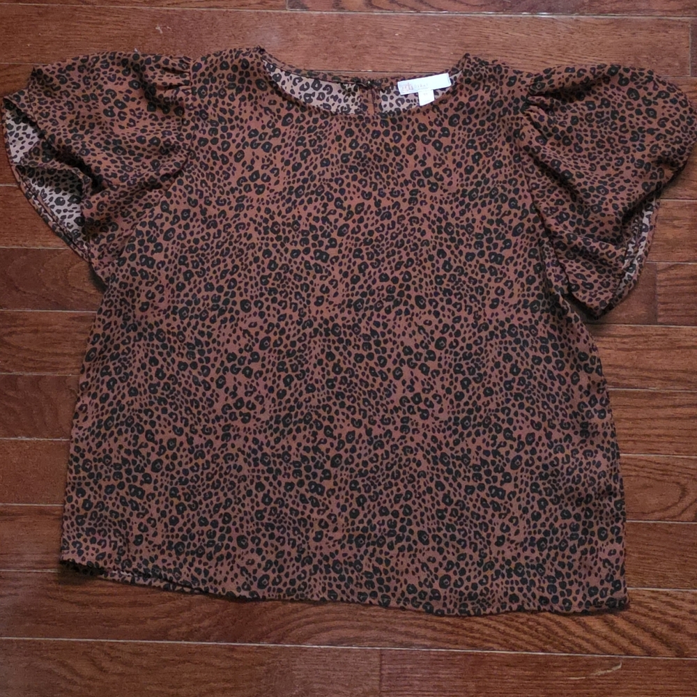 GB Girls Brown Leopard Puff Sleeve Blouse